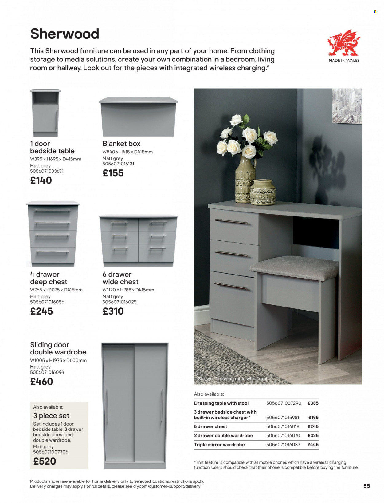 thumbnail - B&Q offer  - Sales products - blanket, stool, chest of drawers, wardrobe, sliding door, blanket box, bedside table, dressing table, mirror. Page 55.