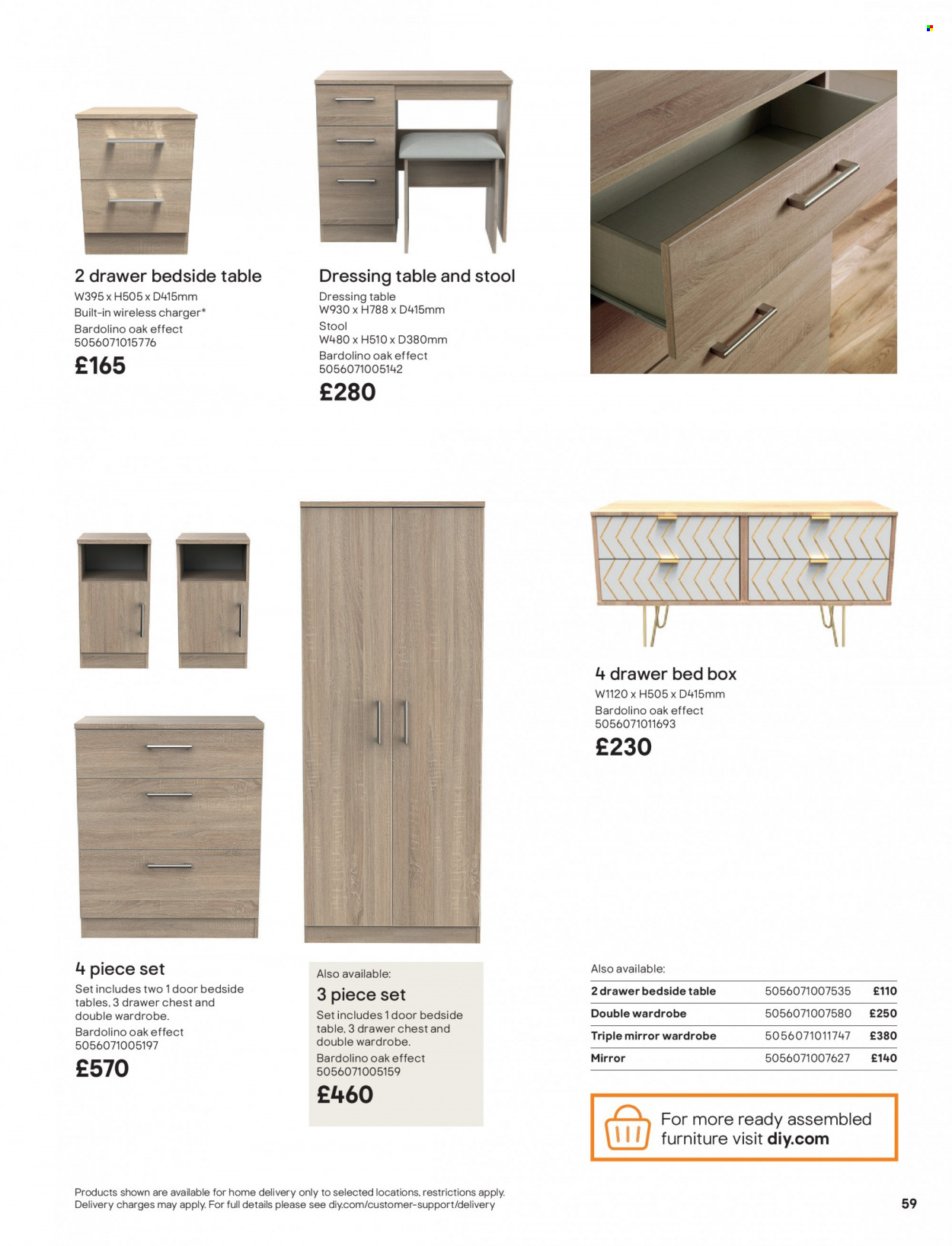 thumbnail - B&Q offer  - Sales products - table set, stool, chest of drawers, bed, wardrobe, bedside table, dressing table, mirror. Page 59.