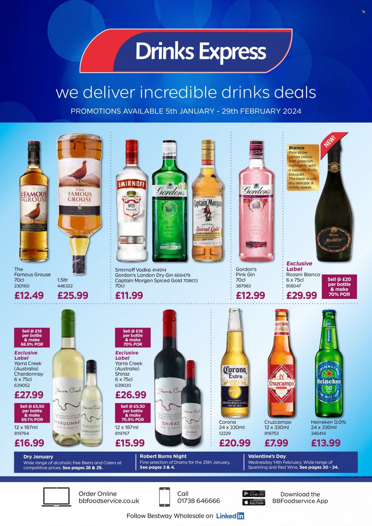 Bestway offer  - 05/01/2024 - 29/02/2024 - Sales products - alcohol, red wine, white wine, Chardonnay, wine, Shiraz, Captain Morgan, gin, Smirnoff, vodka, Gordon's, The Famous Grouse, label, straw, beer. Page 1.