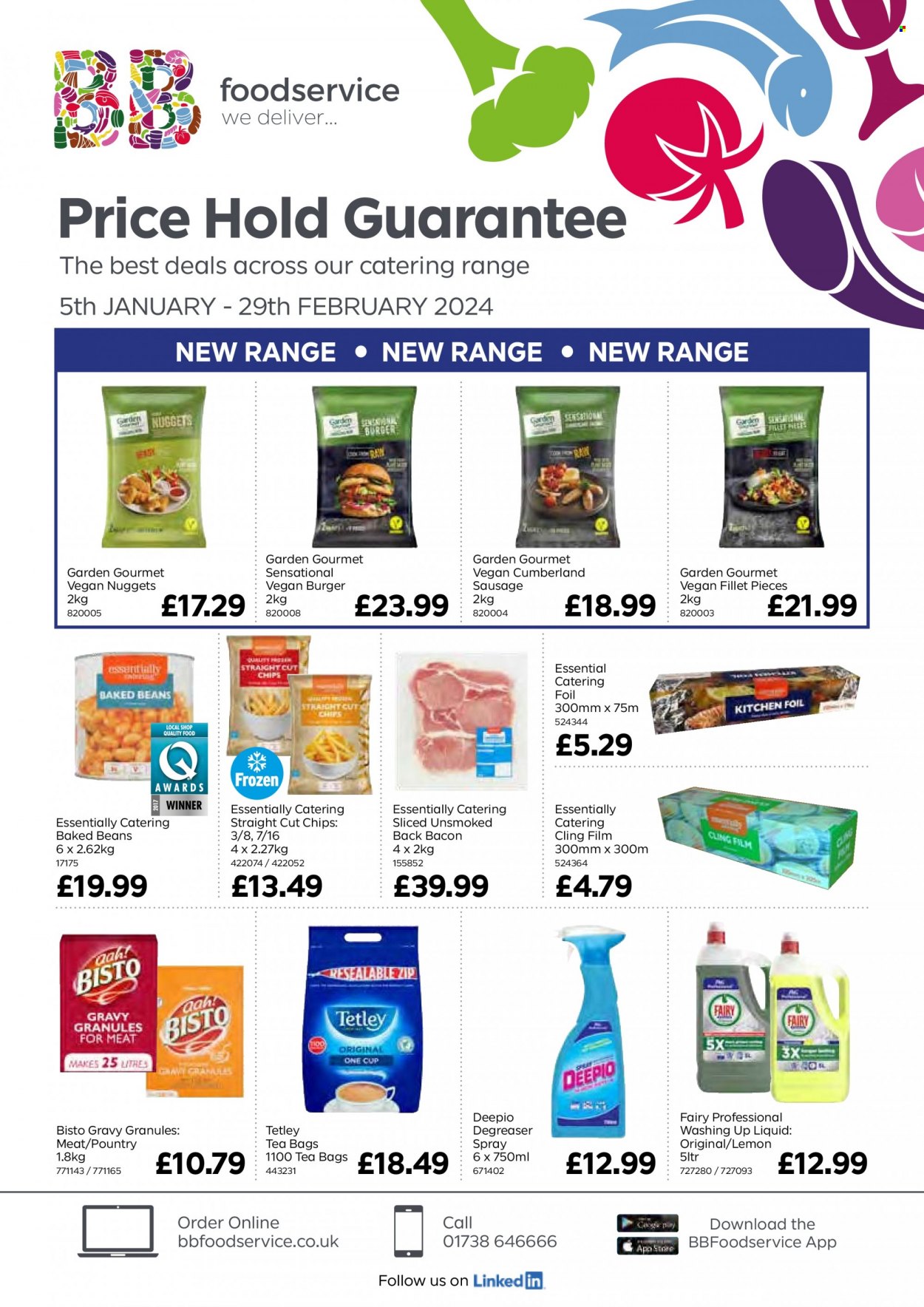 Bestway offer  - 05/01/2024 - 29/02/2024 - Sales products - beans, nuggets, veggie burger, ready meal, bacon, sausage, vegan sausage, frozen chips, chips, gravy granules, baked beans, tea bags, Fairy, dishwashing liquid, cup, kitchen foil. Page 1.