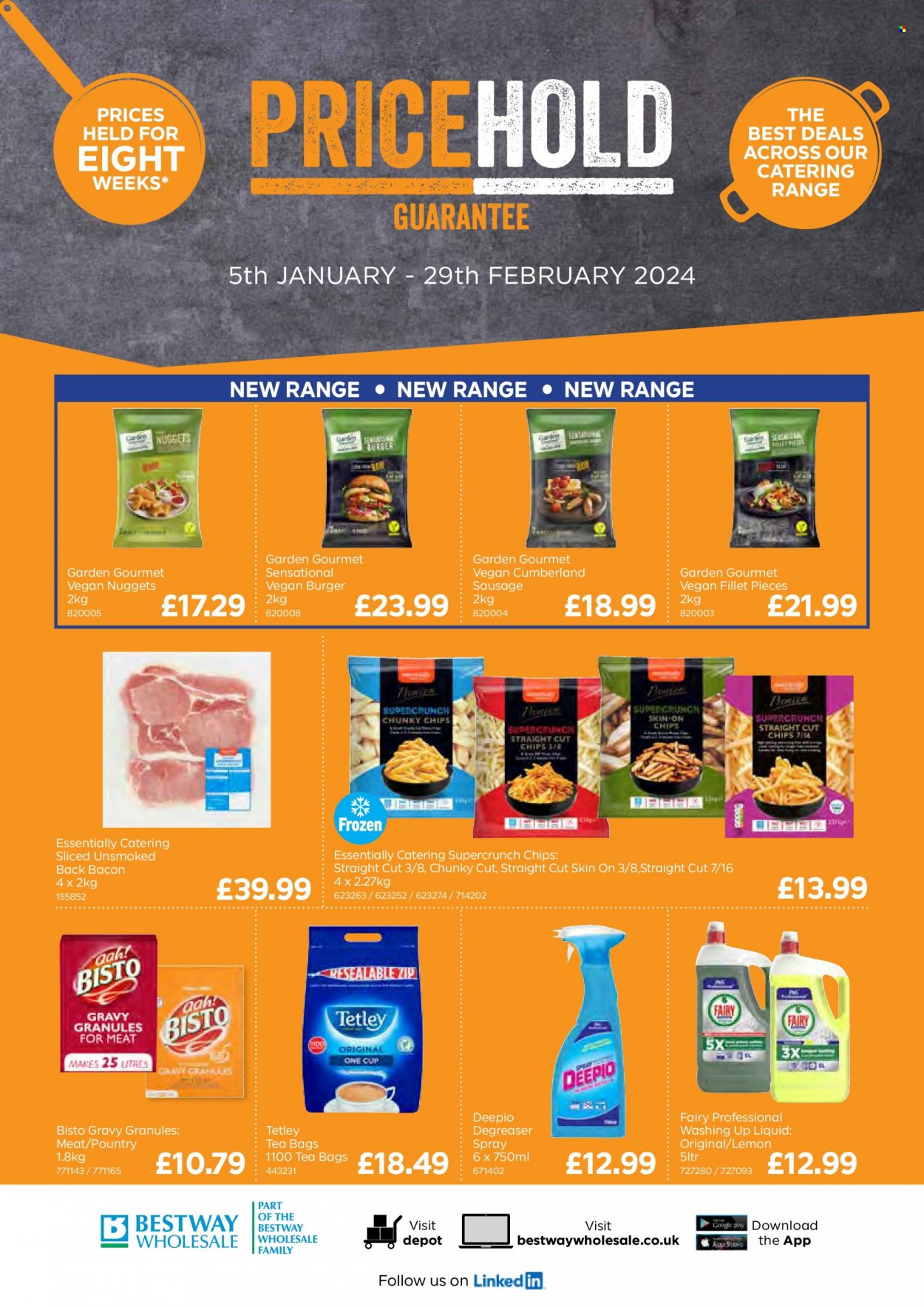 Bestway offer  - 05/01/2024 - 29/02/2024 - Sales products - nuggets, veggie burger, bacon, sausage, vegan sausage, frozen chips, chips, gravy granules, tea bags, Fairy, dishwashing liquid, cup. Page 1.