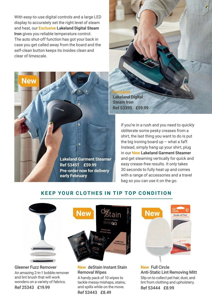 thumbnail - Lakeland offer  - Sales products - Tip Top, wipes, plug, ironing board, bag, steam iron, garment steamer. Page 11.