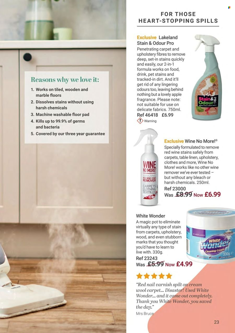 thumbnail - Lakeland offer  - Sales products - cream cleaner, bleach, stain remover, pot, linens. Page 23.