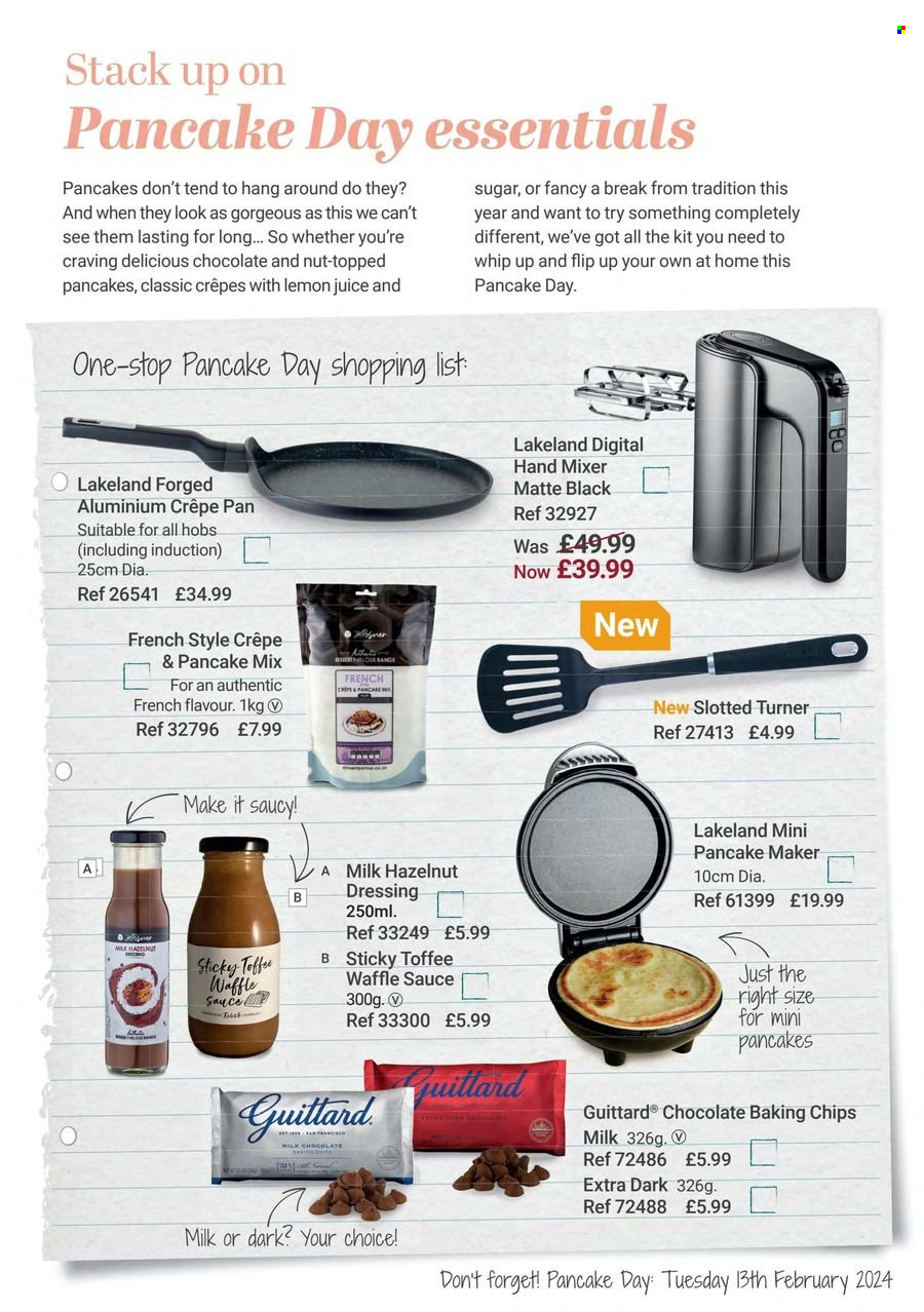 thumbnail - Lakeland offer  - Sales products - toffee, sugar, baking chips, pan, mixer, hand mixer, pancake maker. Page 43.