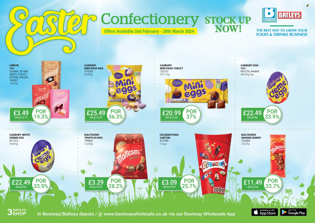 thumbnail - Bestway offer  - 02/02/2024 - 28/03/2024 - Sales products - ice cream, Lindt, Lindor, Cadbury, truffles, Celebration, Maltesers, chocolate egg, chocolate candies. Page 1.