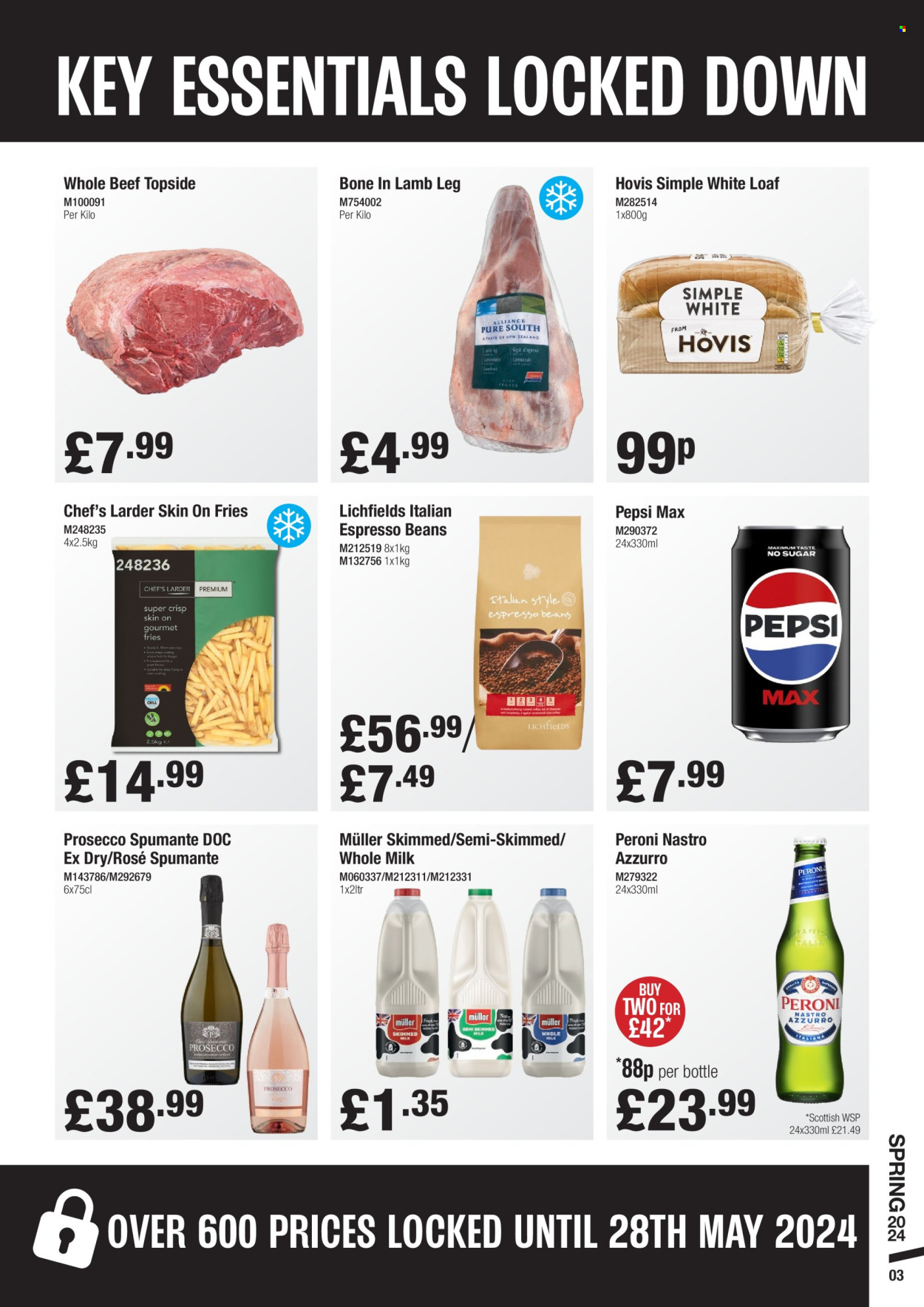 thumbnail - Makro offer  - 06/03/2024 - 28/05/2024 - Sales products - beer, alcohol, Peroni, lamb meat, lamb leg, Continental, Müller, milk, potato fries, Pepsi, Pepsi Max, soft drink, carbonated soft drink, sparkling wine, spumante, prosecco. Page 3.