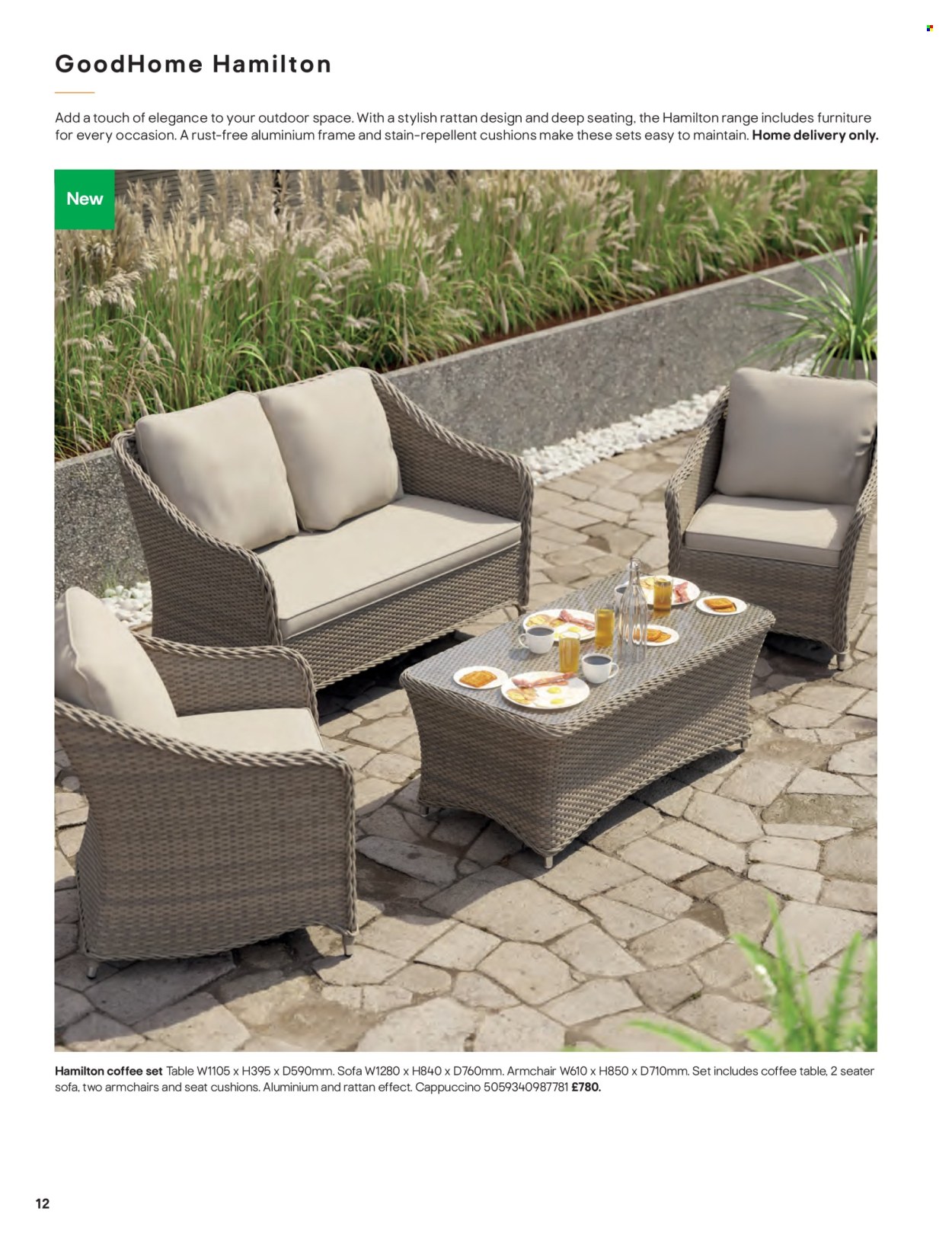 thumbnail - B&Q offer  - Sales products - cushion, table, arm chair, sofa, coffee table. Page 12.