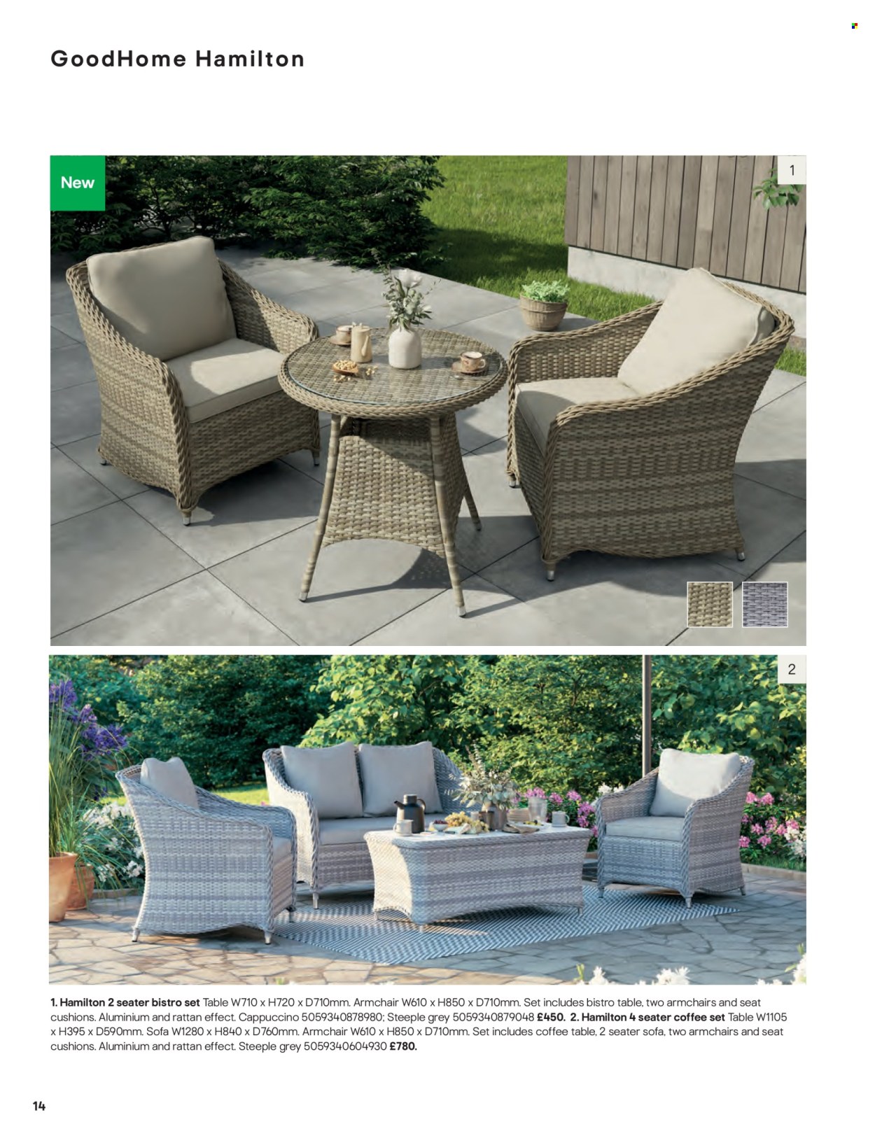 thumbnail - B&Q offer  - Sales products - cushion, table, arm chair, sofa, coctail table, coffee table. Page 14.