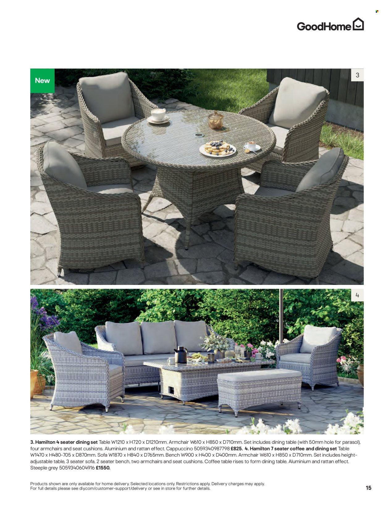 thumbnail - B&Q offer  - Sales products - cushion, dining set, dining table, table, bench, arm chair, sofa, coffee table. Page 15.