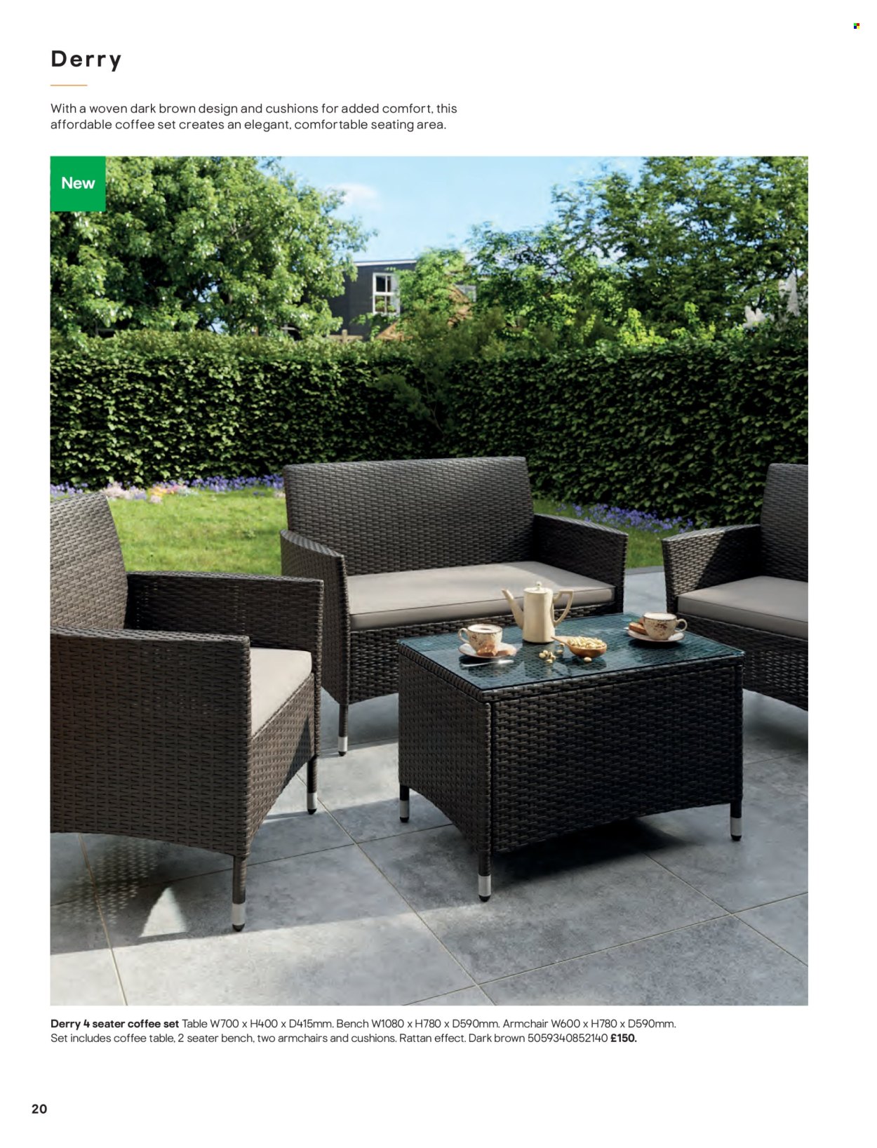 thumbnail - B&Q offer  - Sales products - cushion, table, bench, arm chair, coffee table. Page 20.