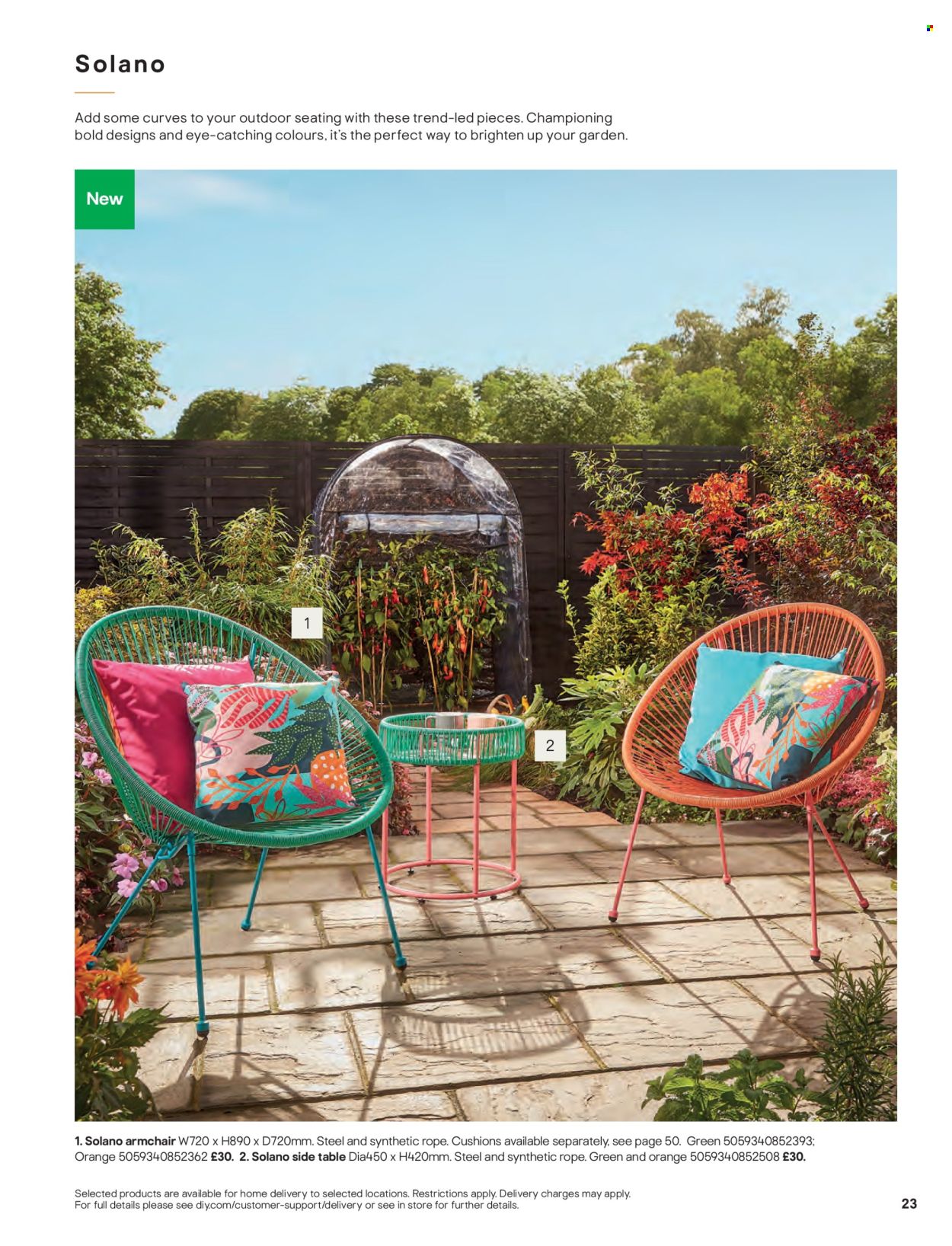 thumbnail - B&Q offer  - Sales products - cushion, table, arm chair, sidetable. Page 23.