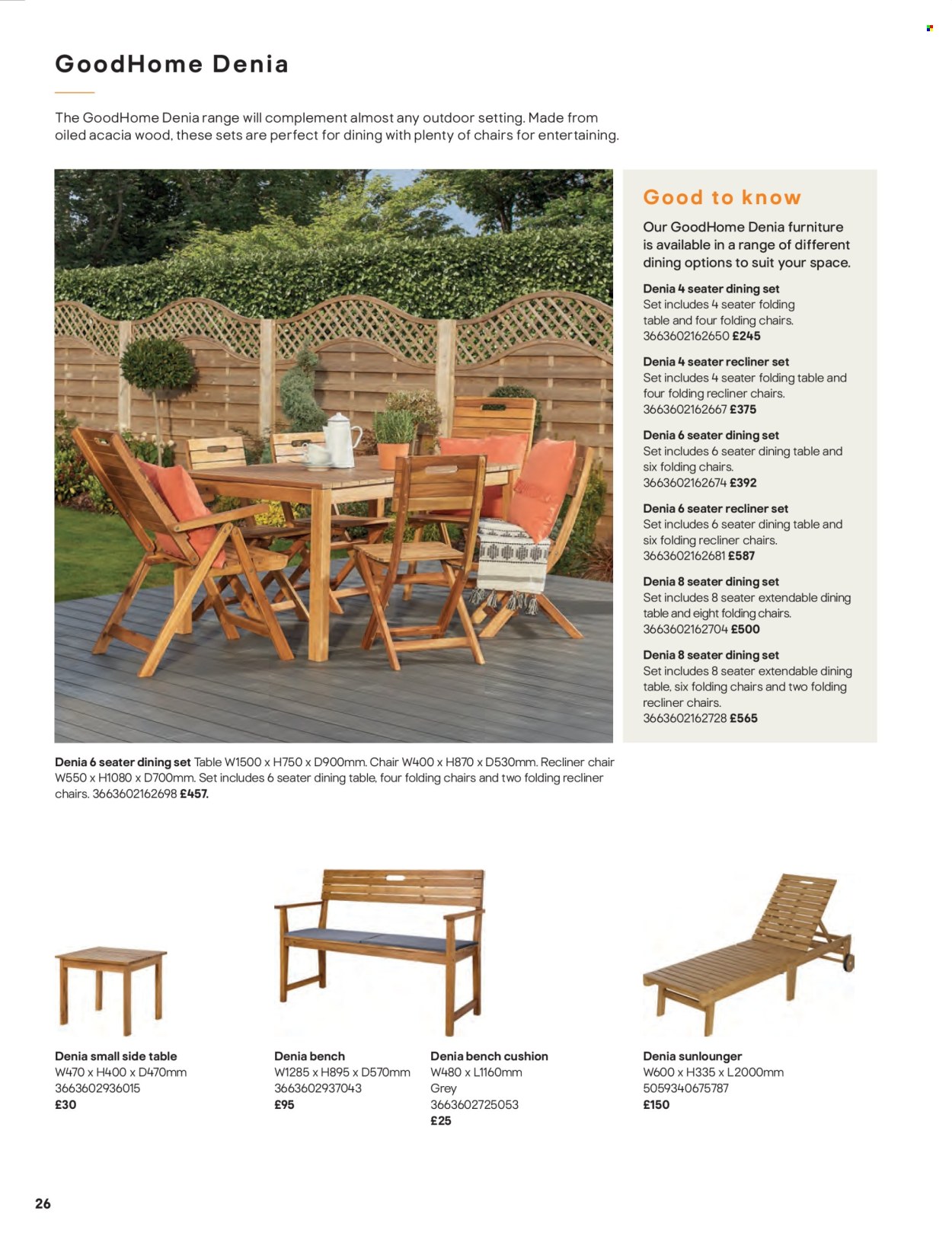 thumbnail - B&Q offer  - Sales products - bench cushion, cushion, dining set, dining table, table, chair, recliner chair, sidetable, folding table, lounger. Page 26.