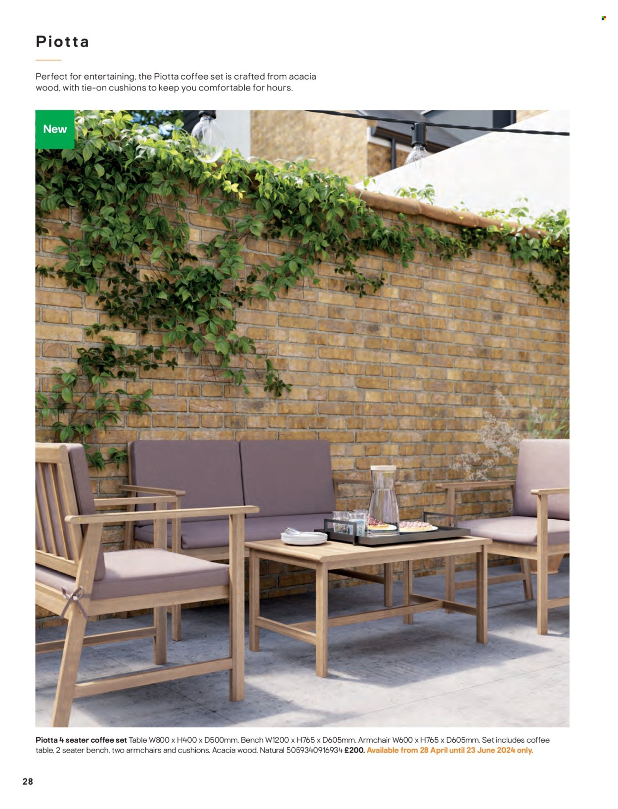 thumbnail - B&Q offer  - Sales products - cushion, table, bench, arm chair, coffee table. Page 28.