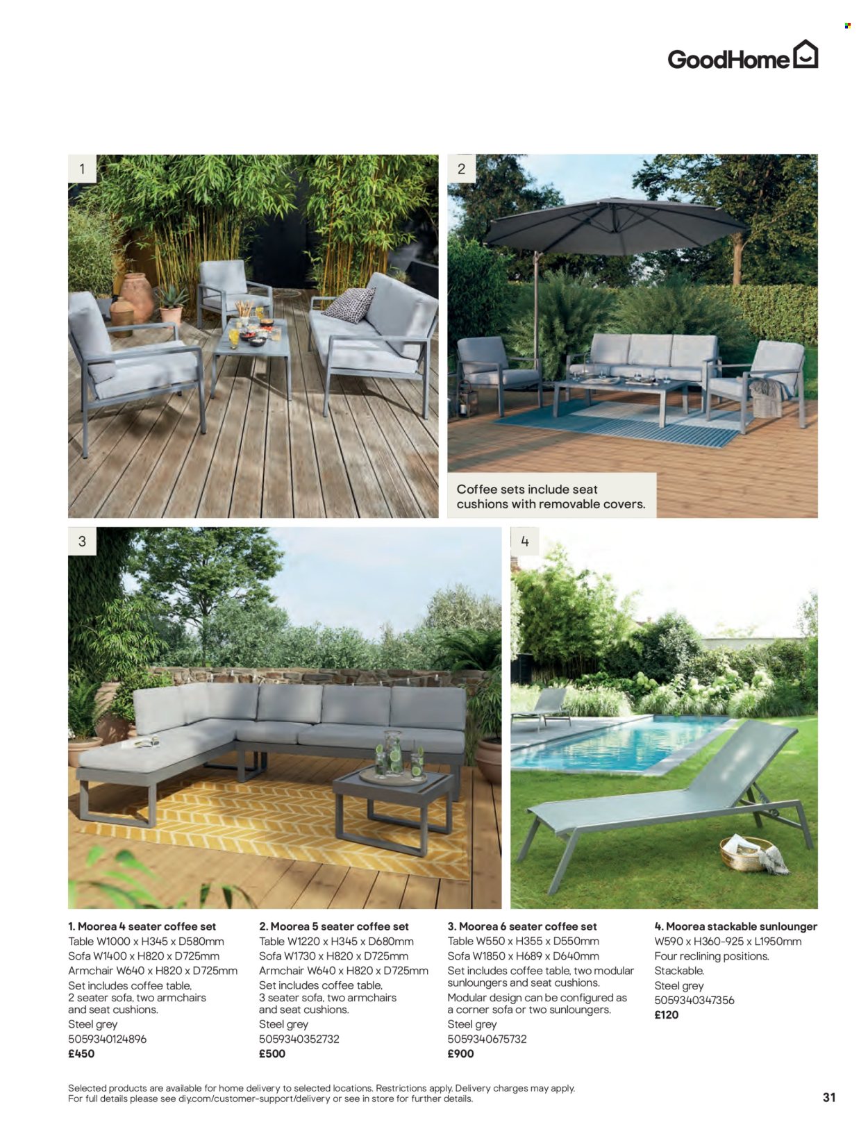 thumbnail - B&Q offer  - Sales products - cushion, table, arm chair, corner sofa, sofa, coffee table, lounger. Page 31.
