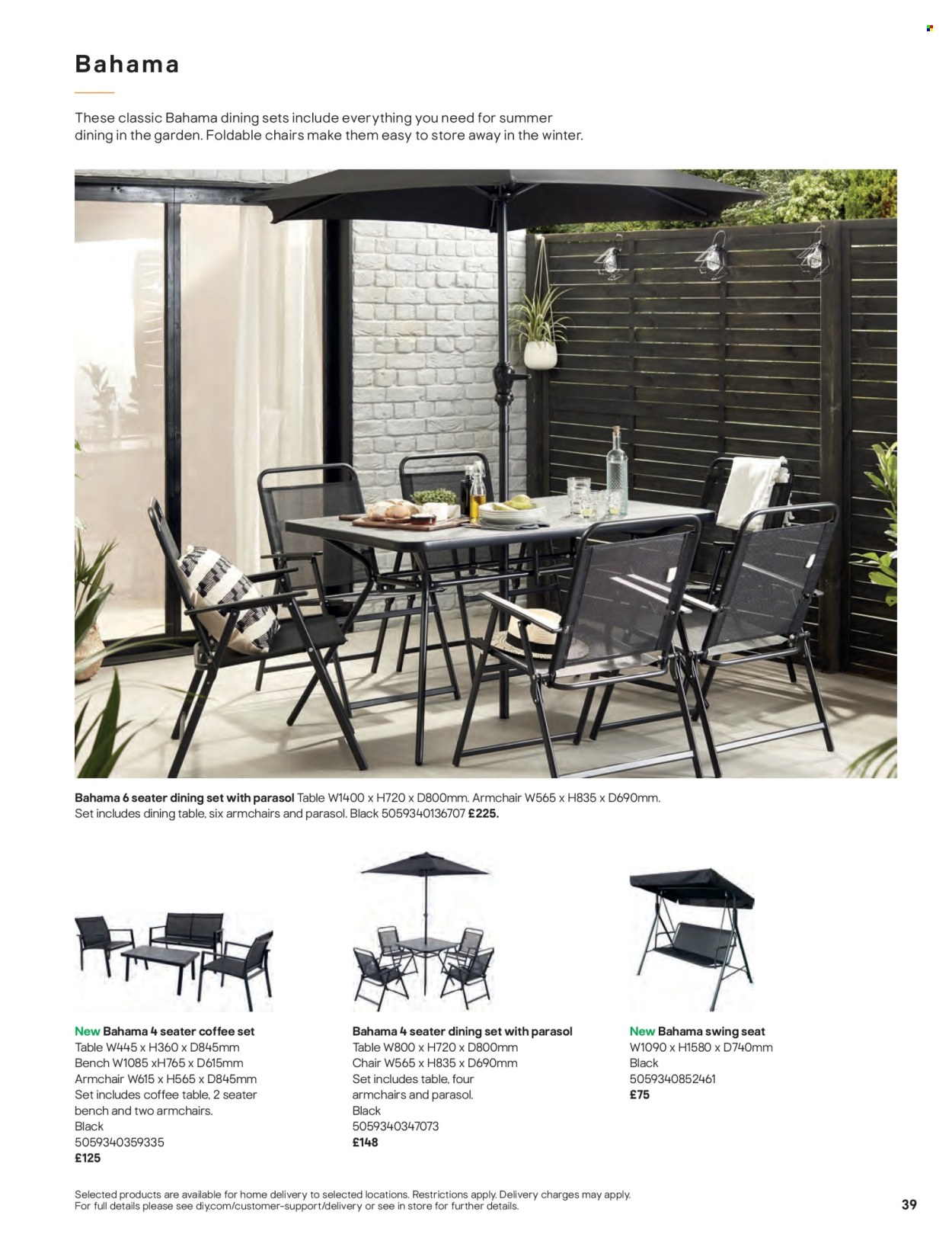 thumbnail - B&Q offer  - Sales products - dining set, dining table, bench, chair, arm chair, coffee table. Page 39.