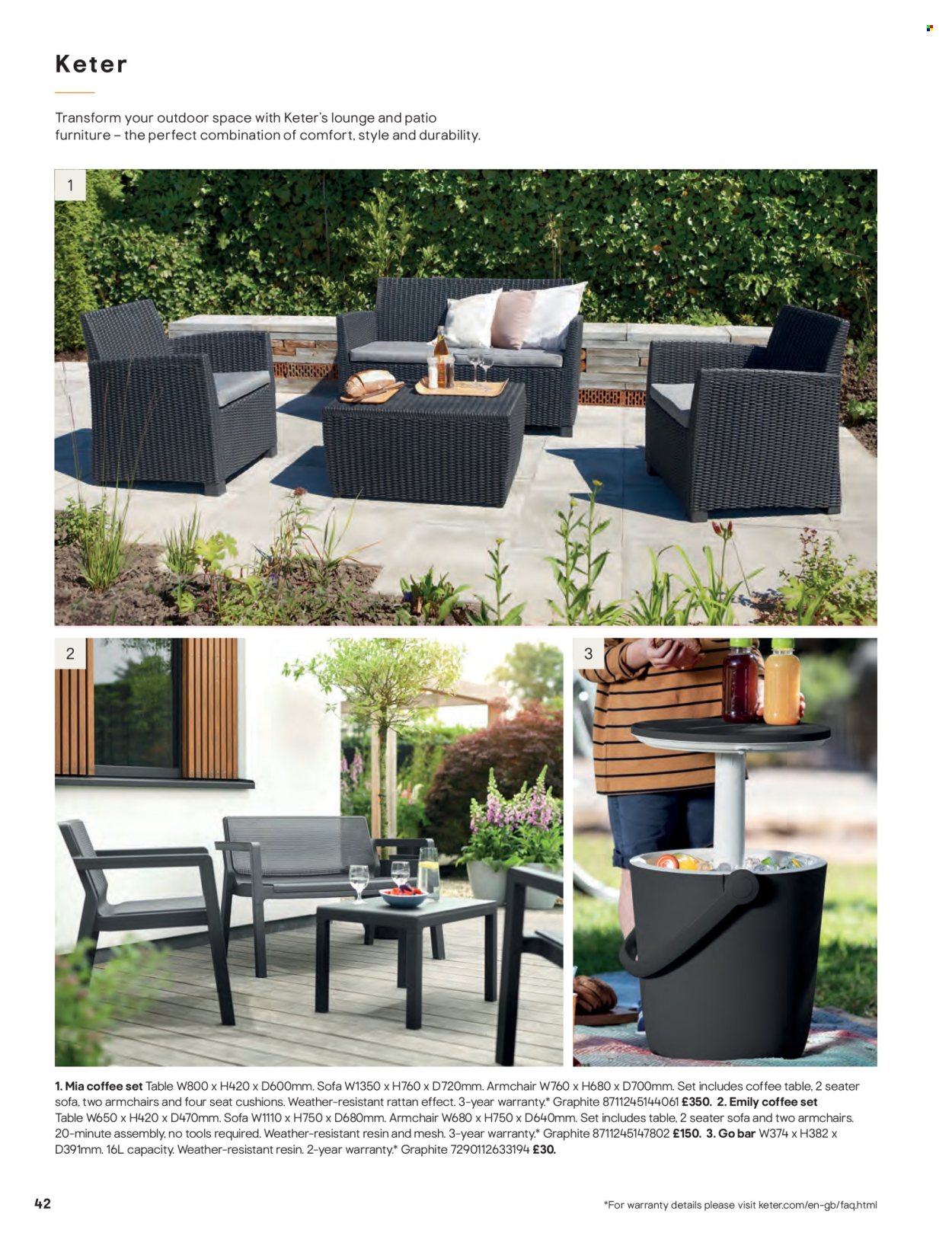 thumbnail - B&Q offer  - Sales products - cushion, arm chair, sofa, lounge, coffee table, patio furniture. Page 42.