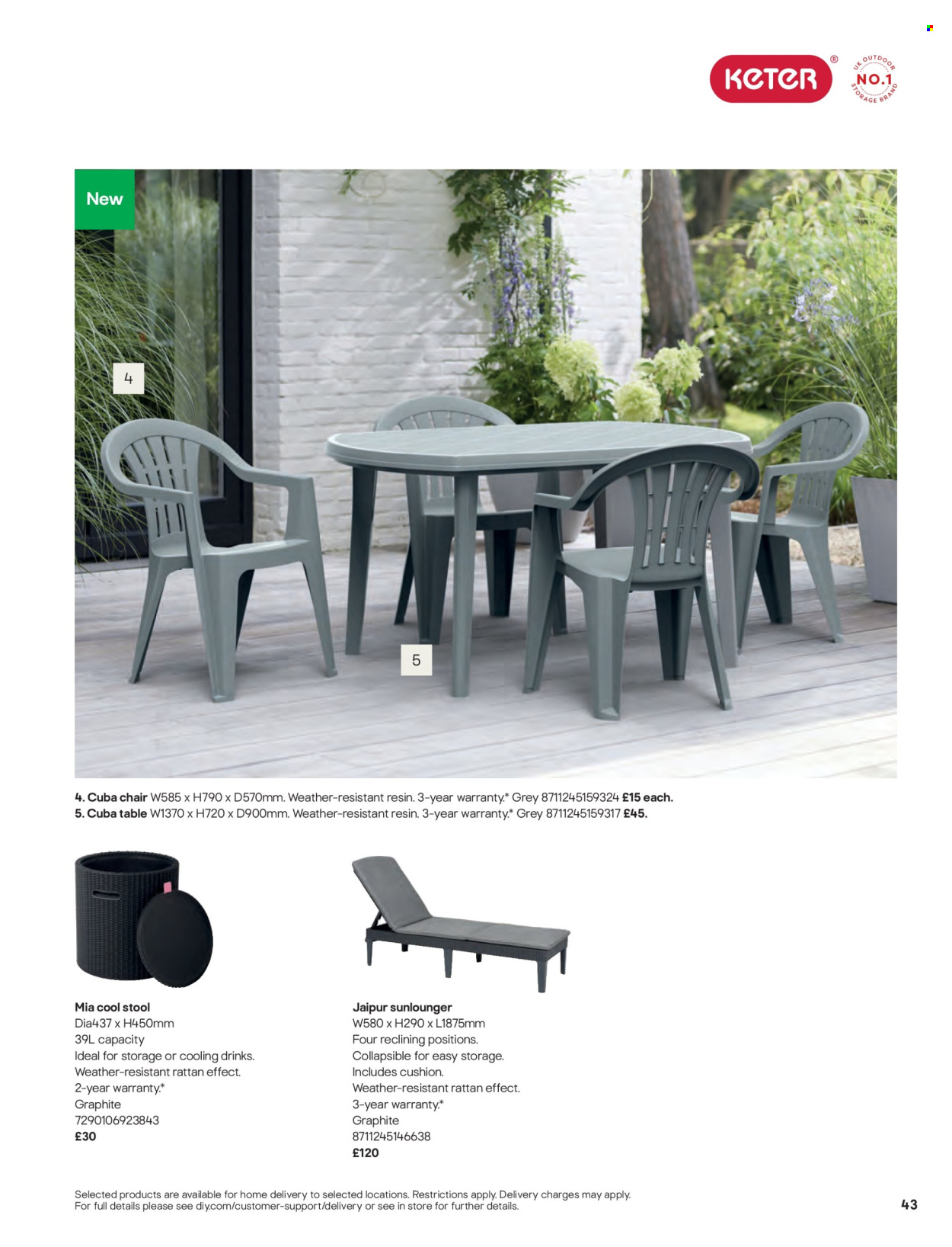 thumbnail - B&Q offer  - Sales products - cushion, table, stool, chair, lounger. Page 43.