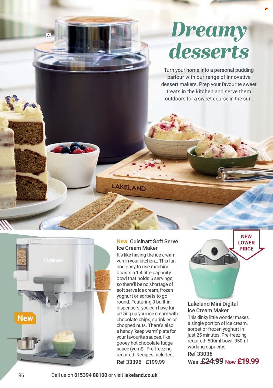 thumbnail - Lakeland offer  - Sales products - dessert, fudge, pudding, sprinkles, hot chocolate, plate, bowl, Cuisinart, ice cream machine, sauce. Page 36.
