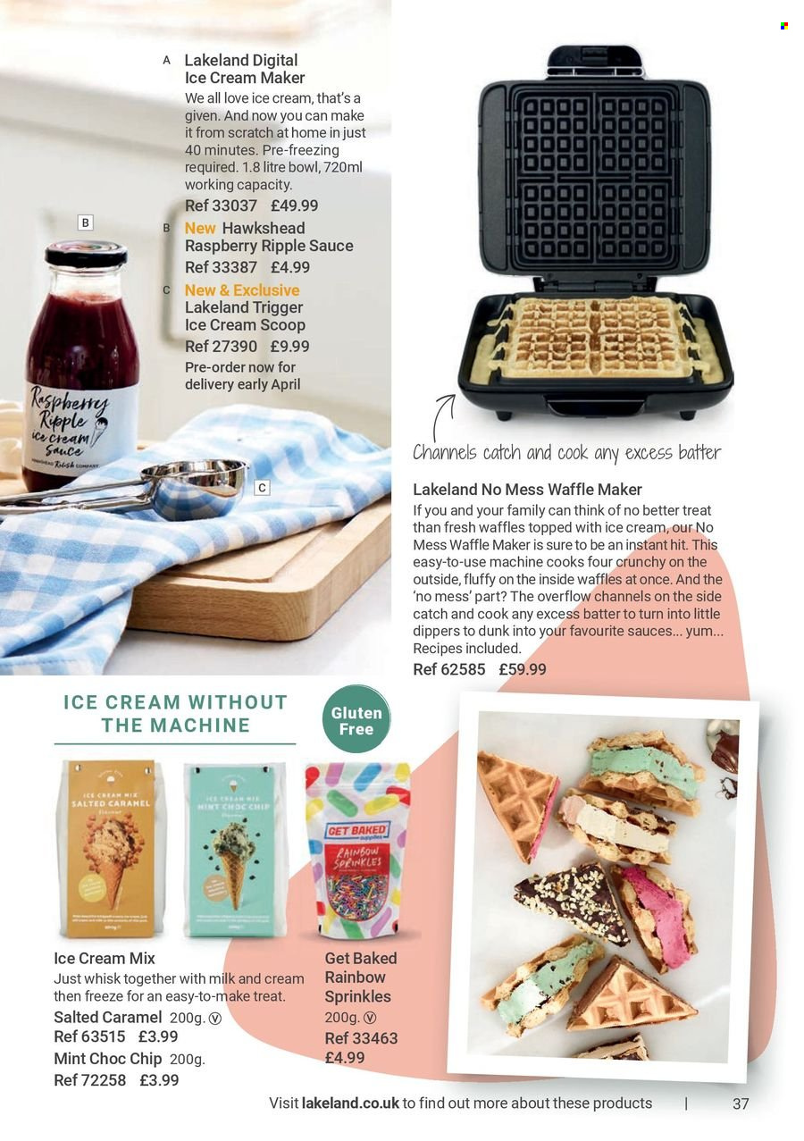 thumbnail - Lakeland offer  - Sales products - waffles, chocolate chips, sprinkles, ice cream scoop, waffle maker, ice cream machine, sauce. Page 37.