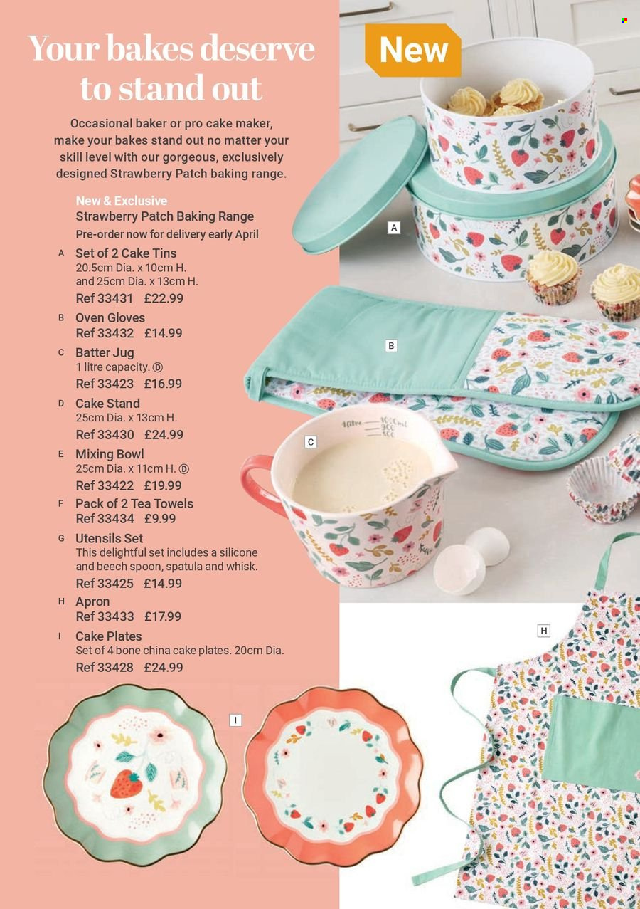 thumbnail - Lakeland offer  - Sales products - cake stand, mixing bowl, spatula, spoon, utensils, plate, bowl, apron, tea towels, towel, cake maker. Page 38.