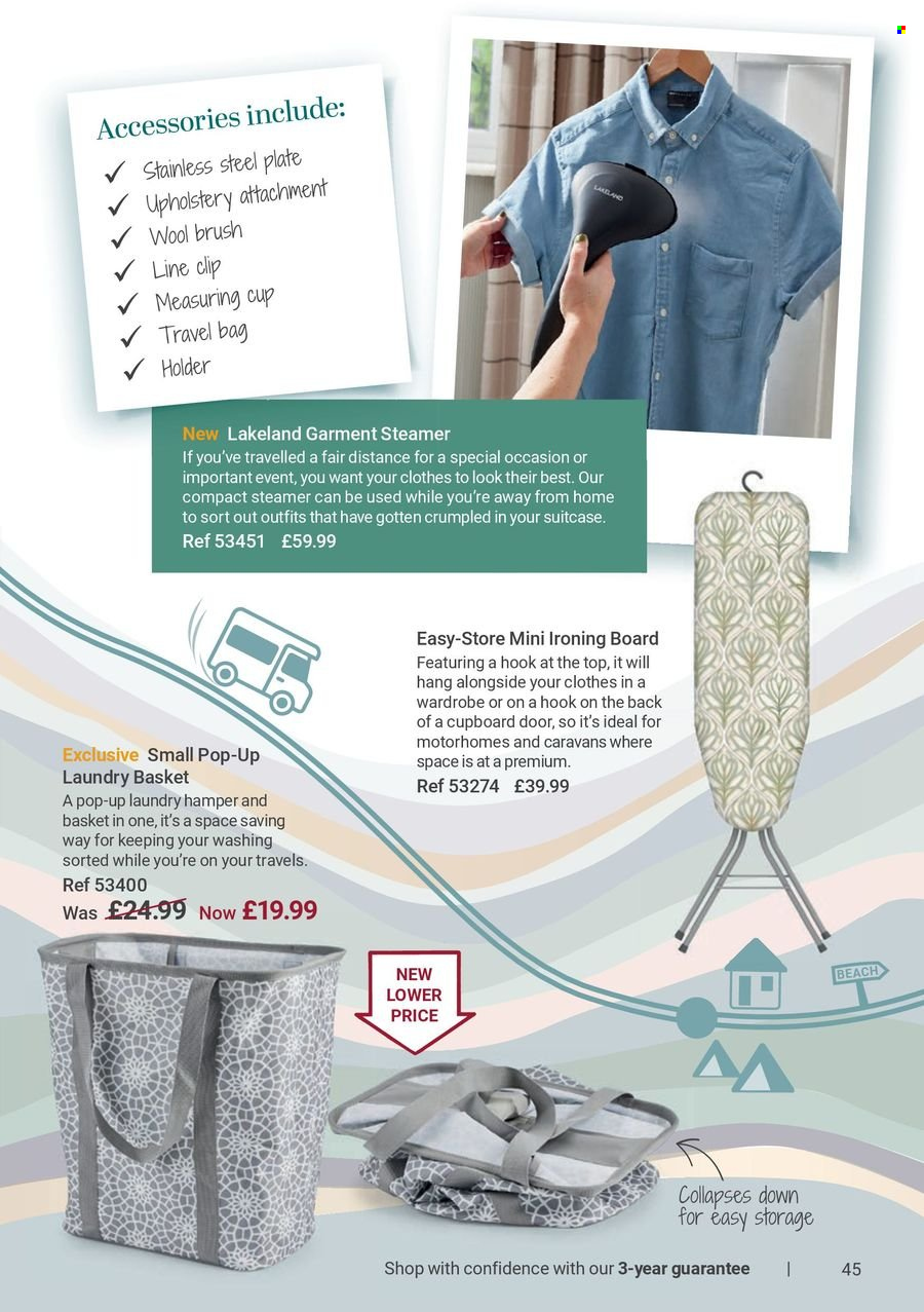 thumbnail - Lakeland offer  - Sales products - holder, hook, ironing board, laundry hamper, laundry basket, brush, plate, measuring cup, garment steamer. Page 45.