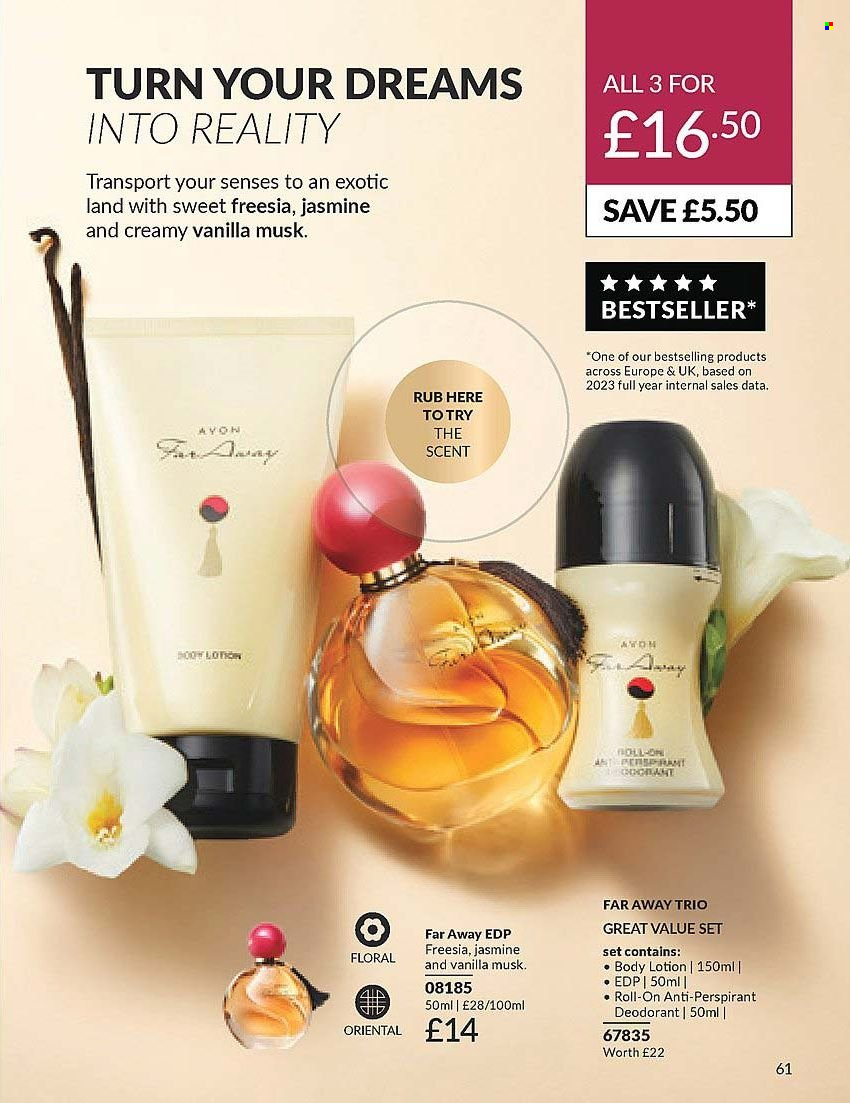 thumbnail - Avon offer  - 01/04/2024 - 30/04/2024 - Sales products - body lotion, anti-perspirant, eau de parfum, far away, roll-on, deodorant. Page 61.