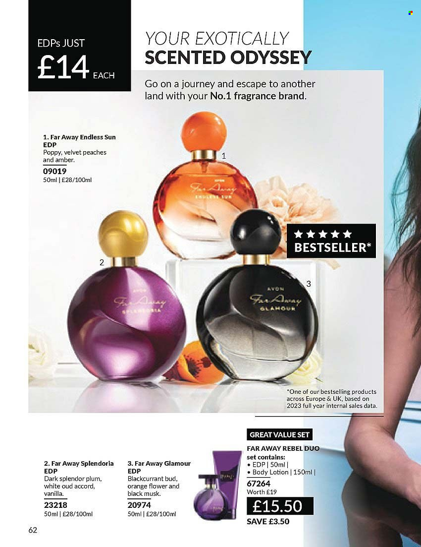 thumbnail - Avon offer  - 01/04/2024 - 30/04/2024 - Sales products - body lotion, eau de parfum, far away, fragrance. Page 62.