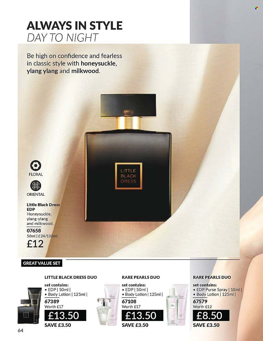 thumbnail - Avon offer  - 01/04/2024 - 30/04/2024 - Sales products - body lotion, eau de parfum, dress, little black dress. Page 64.
