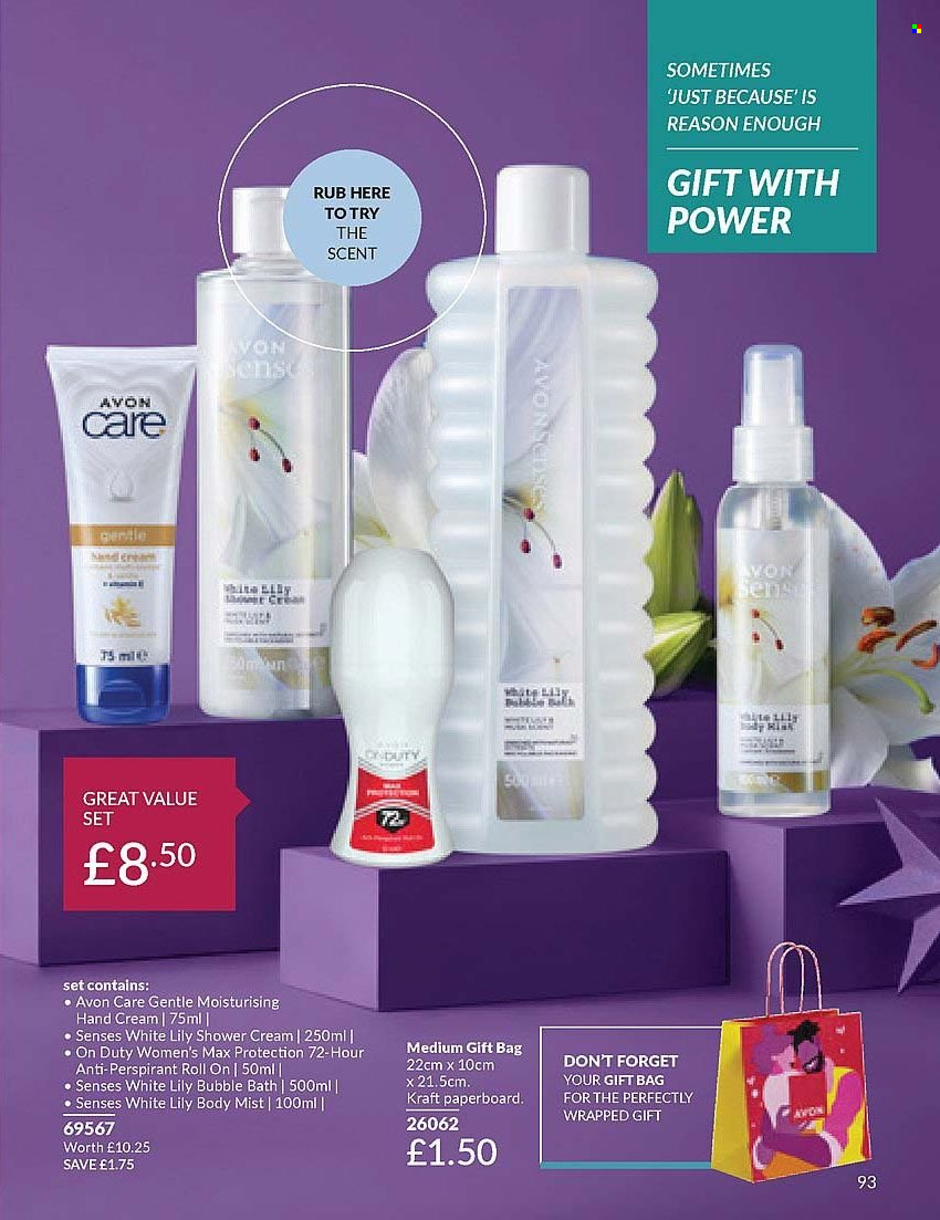 thumbnail - Avon offer  - 01/04/2024 - 30/04/2024 - Sales products - Avon, bubble bath, body mist, hand cream, anti-perspirant, roll-on, gift bag. Page 93.