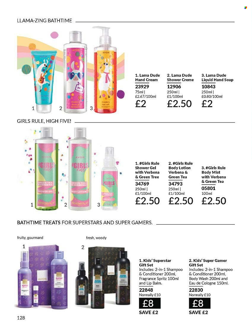 thumbnail - Avon offer  - 01/04/2024 - 30/04/2024 - Sales products - body wash, shampoo, hand soap, soap, lip balm, conditioner, body lotion, body mist, hand cream, cologne, fragrance, gift set. Page 128.