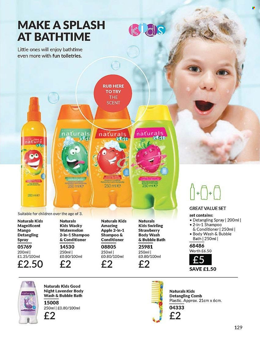 thumbnail - Avon offer  - 01/04/2024 - 30/04/2024 - Sales products - body wash, bubble bath, shampoo, conditioner, comb. Page 129.
