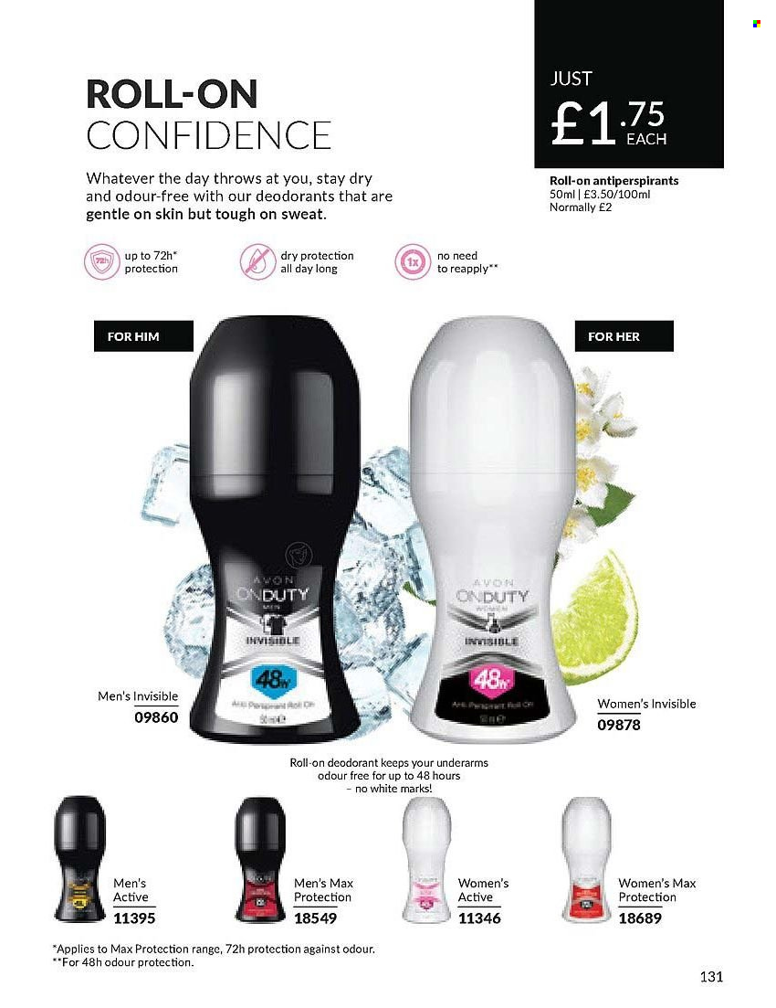 thumbnail - Avon offer  - 01/04/2024 - 30/04/2024 - Sales products - Avon, roll-on, deodorant. Page 131.