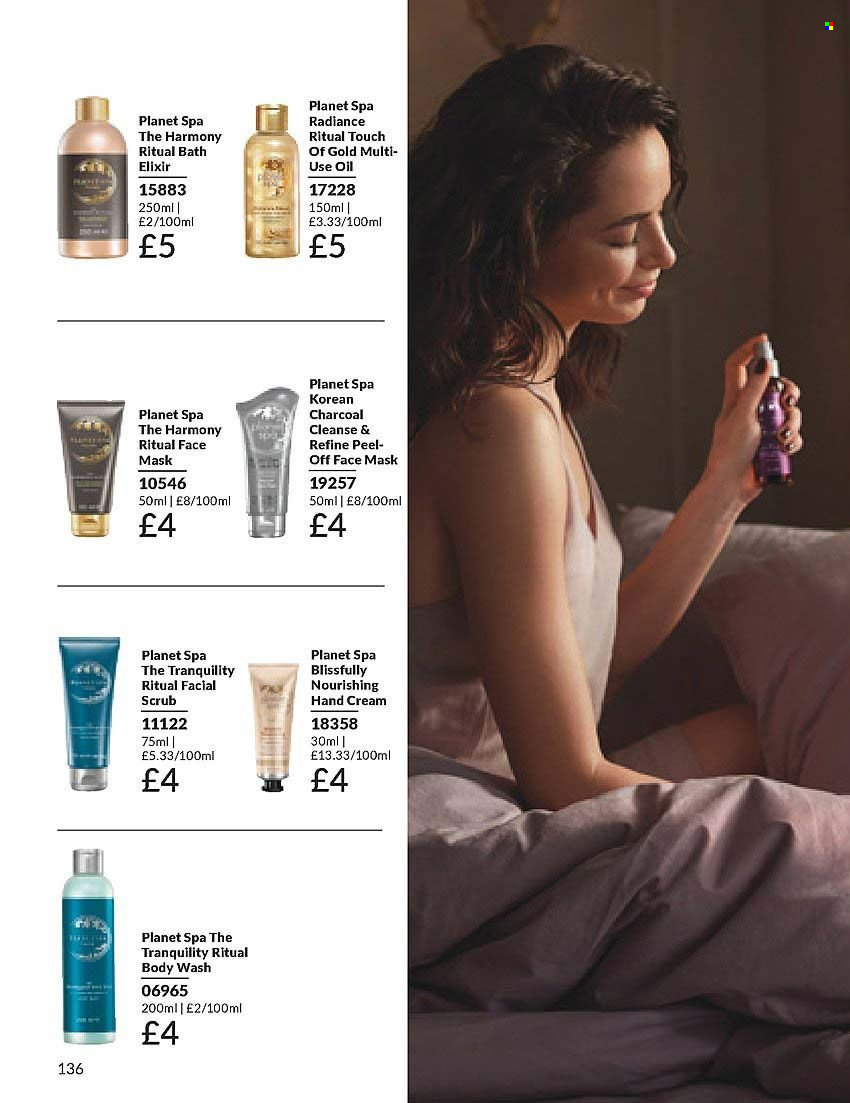 thumbnail - Avon offer  - 01/04/2024 - 30/04/2024 - Sales products - body wash, Planet Spa, cleansing scrub, face mask, hand cream. Page 136.
