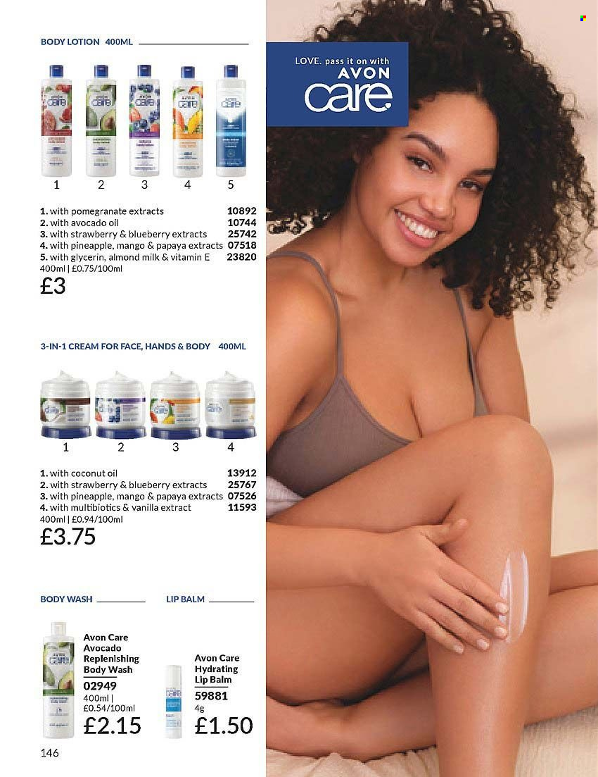 thumbnail - Avon offer  - 01/04/2024 - 30/04/2024 - Sales products - Avon, body wash, lip balm, body lotion. Page 146.