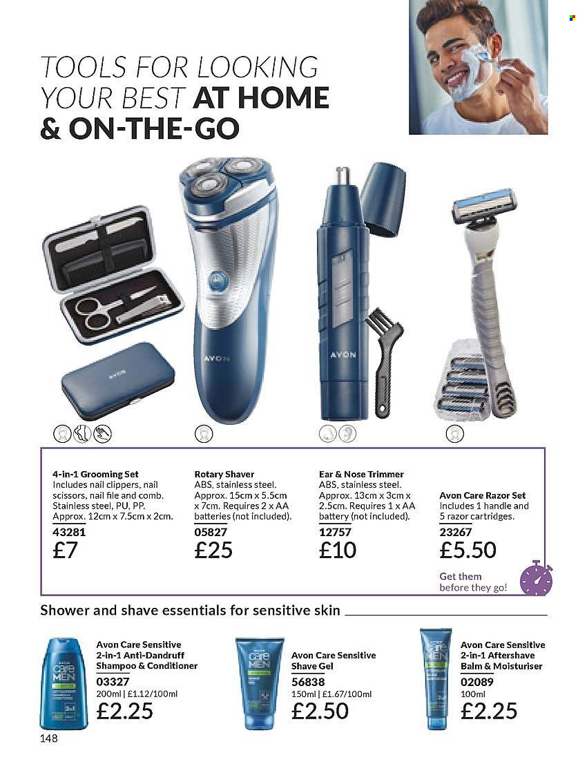 thumbnail - Avon offer  - 01/04/2024 - 30/04/2024 - Sales products - Avon, shampoo, conditioner, comb, after shave, shave gel, shaver, grooming set, razor cartridges, scissors, trimmer, Go!. Page 148.