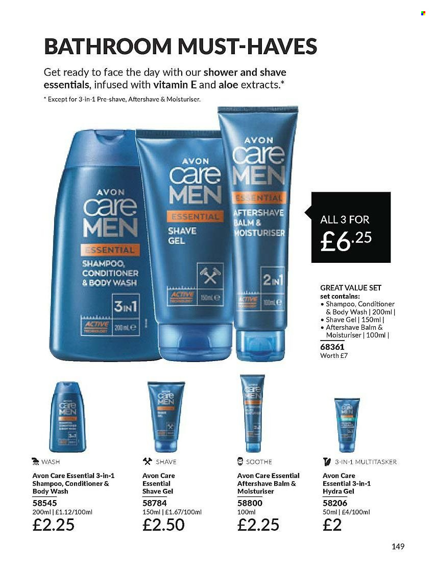 thumbnail - Avon offer  - 01/04/2024 - 30/04/2024 - Sales products - Avon, body wash, shampoo, conditioner, after shave, shave gel. Page 149.