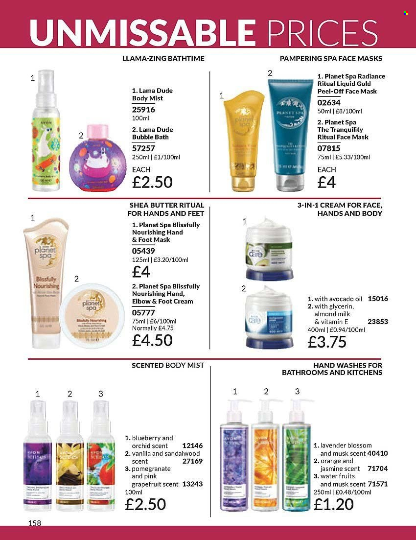 thumbnail - Avon offer  - 01/04/2024 - 30/04/2024 - Sales products - bubble bath, Planet Spa, face mask, body mist, shea butter, foot care, foot mask. Page 158.