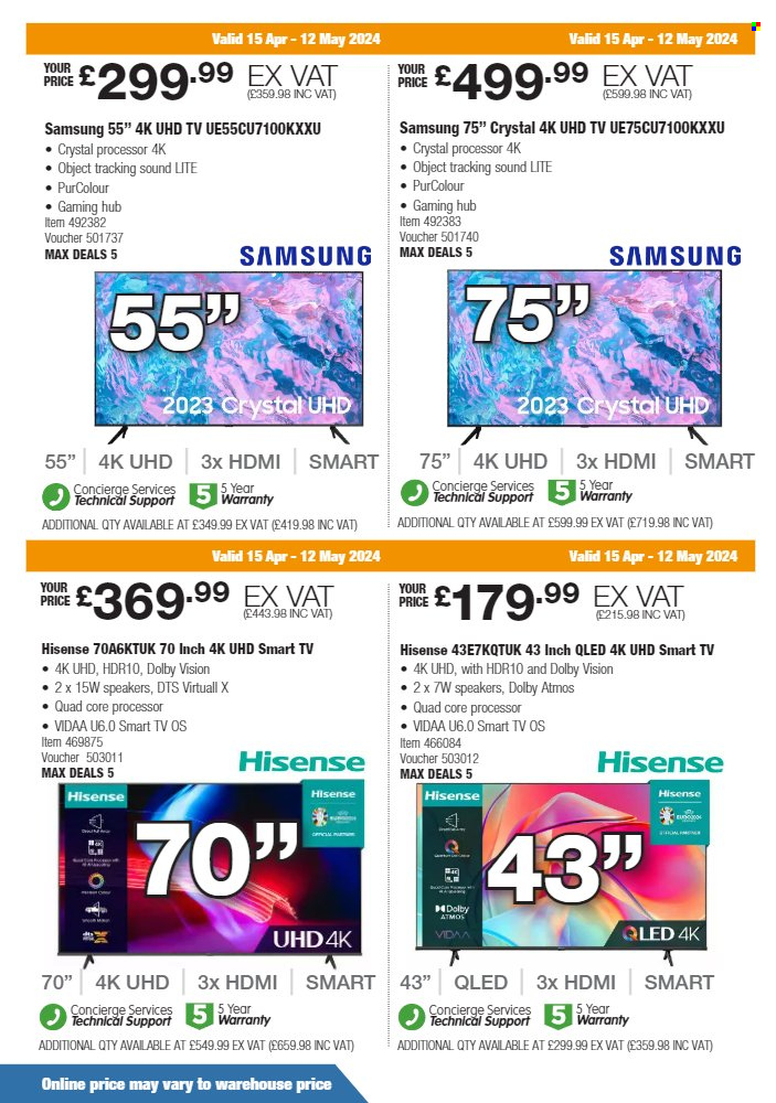 thumbnail - Costco offer  - 15/04/2024 - 12/05/2024 - Sales products - Samsung, 4K UHD TV, smart tv, UHD TV, Hisense, TV. Page 2.