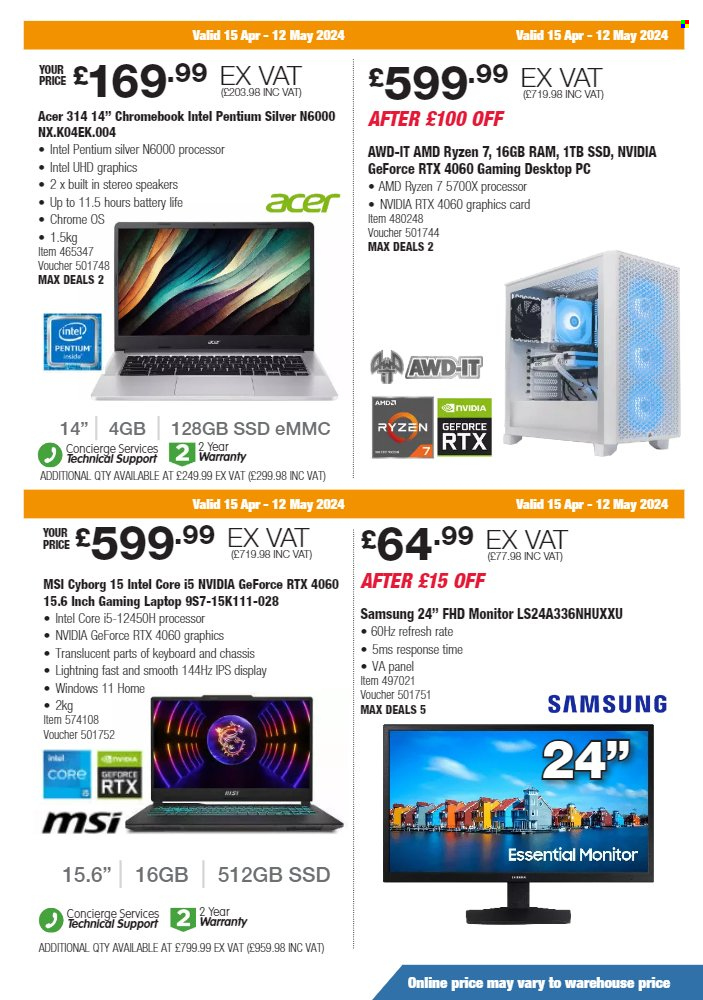 thumbnail - Costco offer  - 15/04/2024 - 12/05/2024 - Sales products - Acer, chromebook, keyboard, desktop computer, laptop, gaming laptop, MSI, Samsung, Intel, monitor. Page 3.