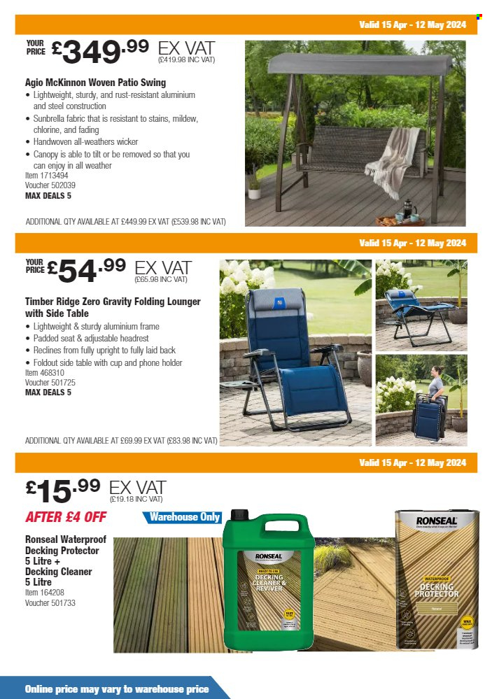 thumbnail - Costco offer  - 15/04/2024 - 12/05/2024 - Sales products - table, sidetable, lounger, patio swing, cleaner, cup, mobile phone holder. Page 4.