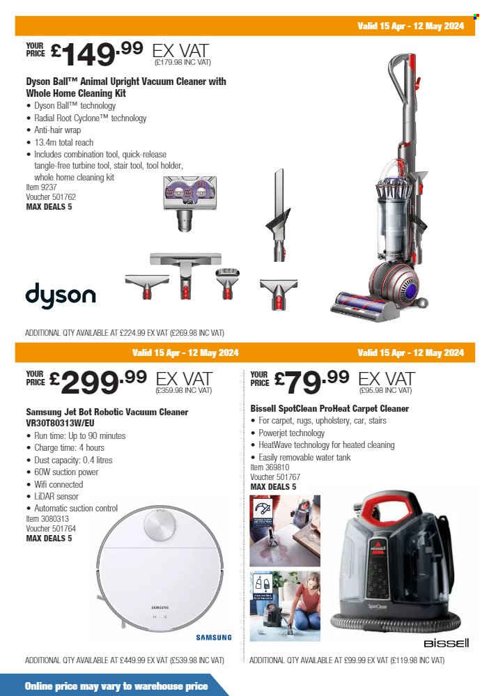 thumbnail - Costco offer  - 15/04/2024 - 12/05/2024 - Sales products - carpet cleaner, holder, cleaning set, hair turban, Samsung, Dyson, Bissell, vacuum cleaner, robot vacuum. Page 6.