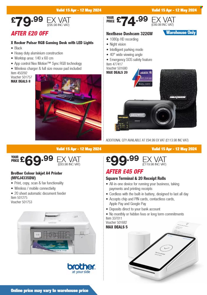 thumbnail - Costco offer  - 15/04/2024 - 12/05/2024 - Sales products - desk, gaming desk, Brother, pin, mouse, mouse pad, dashboard camera, Nextbase. Page 10.