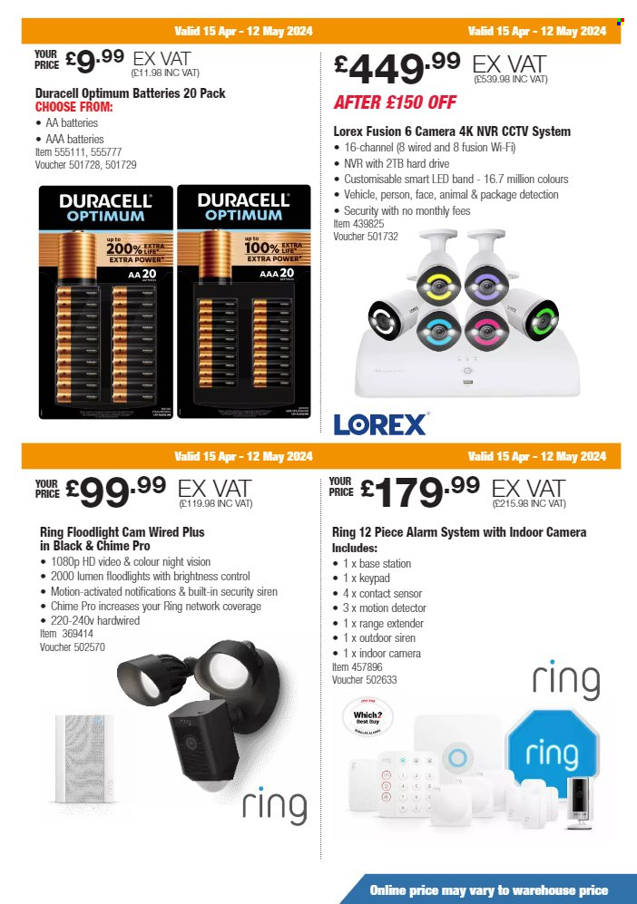thumbnail - Costco offer  - 15/04/2024 - 12/05/2024 - Sales products - battery, Duracell, AAA batteries, aa batteries, Optimum, range extender, camera, vehicle, floodlight. Page 11.
