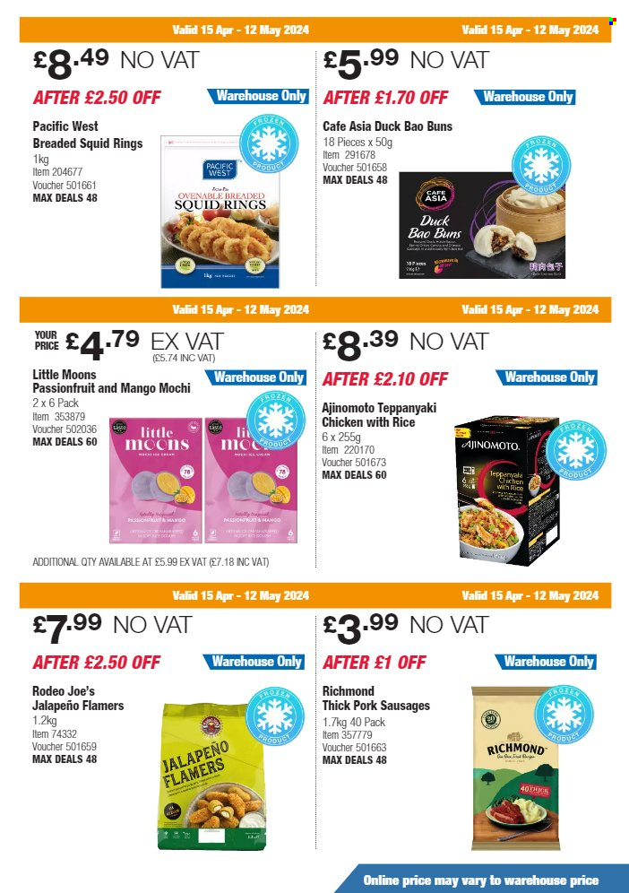 thumbnail - Costco offer  - 15/04/2024 - 12/05/2024 - Sales products - jalapeño, poultry meat, dessert, squid, squid rings, ready meal, sausage, pork sausage. Page 13.
