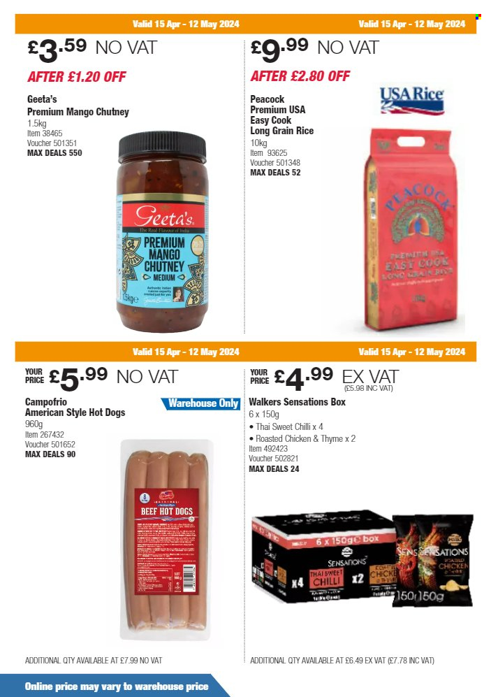 thumbnail - Costco offer  - 15/04/2024 - 12/05/2024 - Sales products - hot dog, rice, long grain rice, herbs, chutney. Page 14.