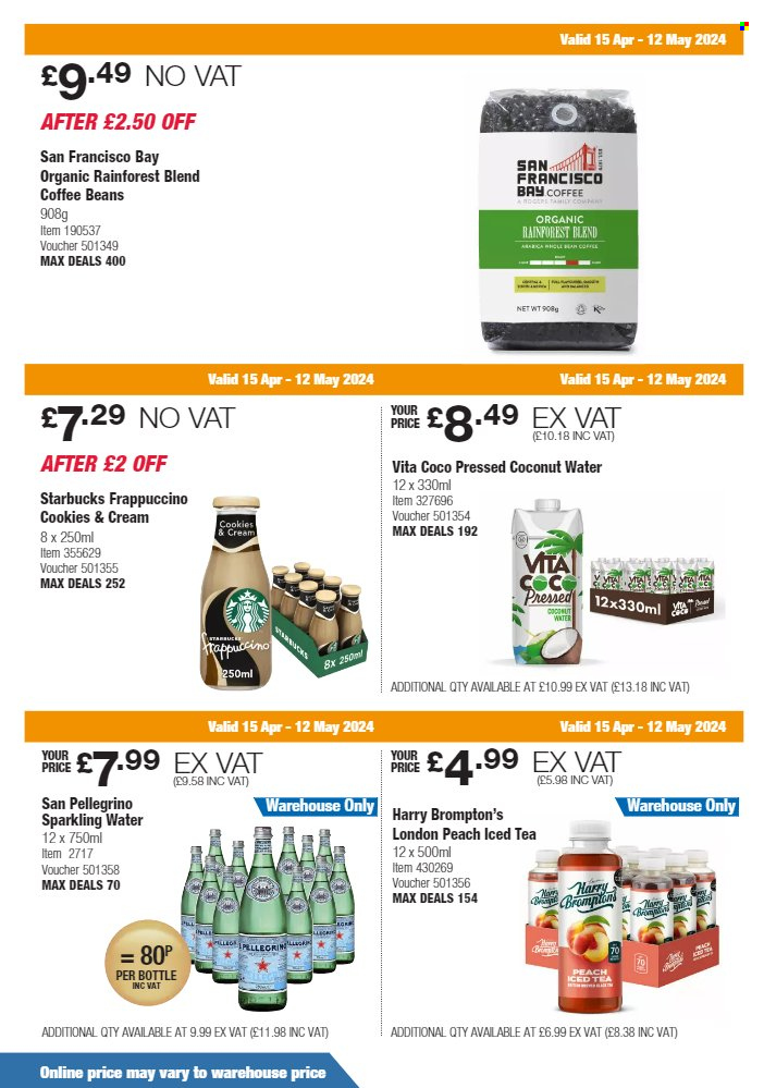 thumbnail - Costco offer  - 15/04/2024 - 12/05/2024 - Sales products - ice tea, coconut water, sparkling water, San Pellegrino, coffee drink, coffee, coffee beans, Starbucks, frappuccino. Page 16.