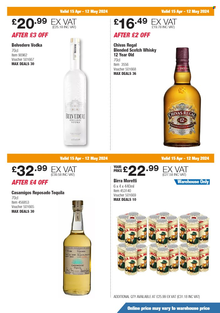 thumbnail - Costco offer  - 15/04/2024 - 12/05/2024 - Sales products - beer, alcohol, Birra Moretti, tequila, vodka, Chivas Regal, scotch whisky, whisky. Page 17.