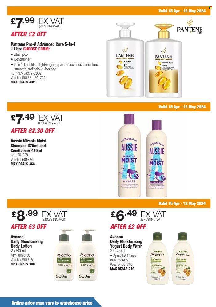 thumbnail - Costco offer  - 15/04/2024 - 12/05/2024 - Sales products - yoghurt, Aveeno, body wash, shampoo, conditioner, Pantene, body lotion. Page 18.