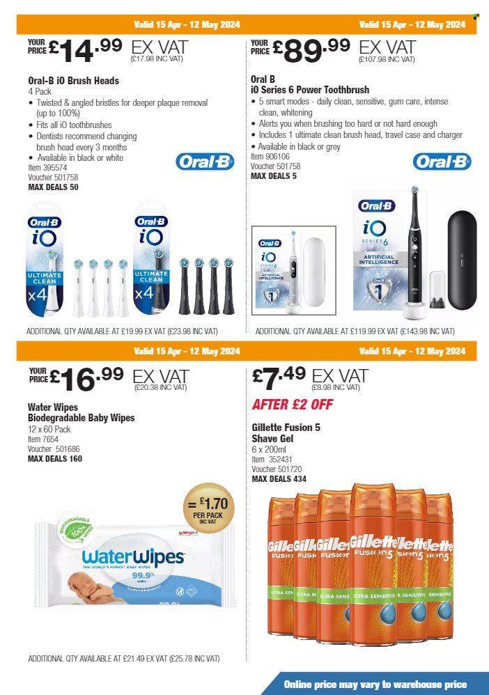 thumbnail - Costco offer  - 15/04/2024 - 12/05/2024 - Sales products - wipes, baby wipes, toothbrush, Oral-B, brush head, Gillette, shave gel. Page 19.