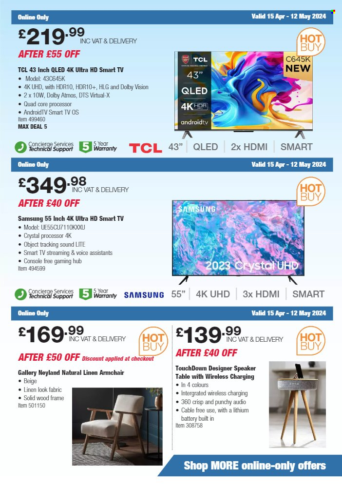 thumbnail - Costco offer  - 15/04/2024 - 12/05/2024 - Sales products - table, arm chair, battery, linens, Samsung, Android TV, smart tv, TCL, UHD TV, ultra hd, TV. Page 23.